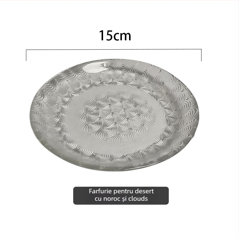 Farfurie de fructe din sticlă, cu textură ciocănită, stil japonez, design simplu