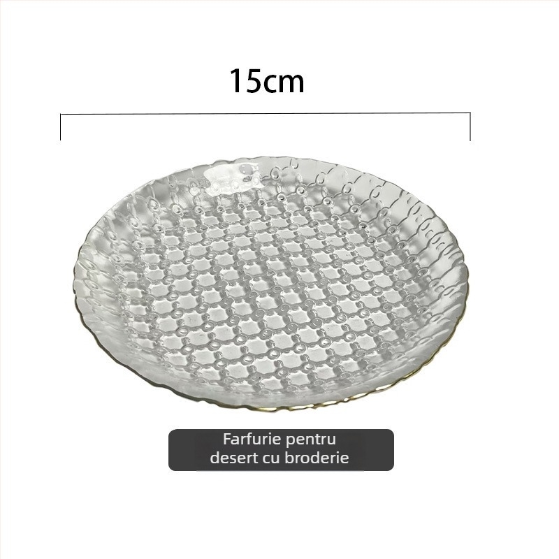 Farfurie de fructe din sticlă, cu textură ciocănită, stil japonez, design simplu