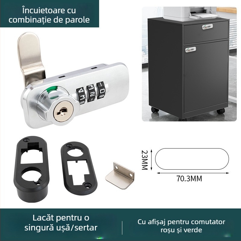 Încuietoare cu combinație pe cadran pentru dulapuri de dosare de birou, cu interblocare în trei, tip numeric, model 666061-11, material: aliaj de zinc + ABS