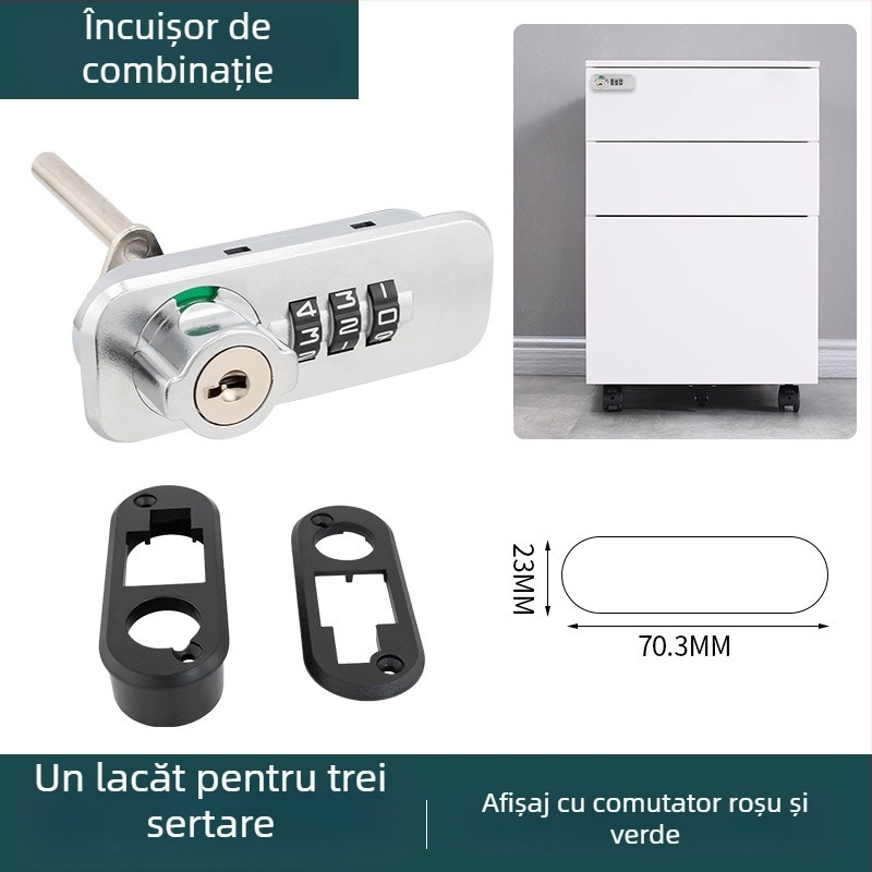 Încuietoare cu combinație pe cadran pentru dulapuri de dosare de birou, cu interblocare în trei, tip numeric, model 666061-11, material: aliaj de zinc + ABS