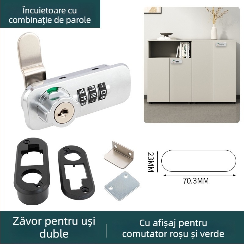Încuietoare cu combinație pe cadran pentru dulapuri de dosare de birou, cu interblocare în trei, tip numeric, model 666061-11, material: aliaj de zinc + ABS