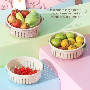 Coș de drenaj pentru fructe, design cu două straturi, capacitate mare, material PP+PET, multifuncțional pentru bucătărie