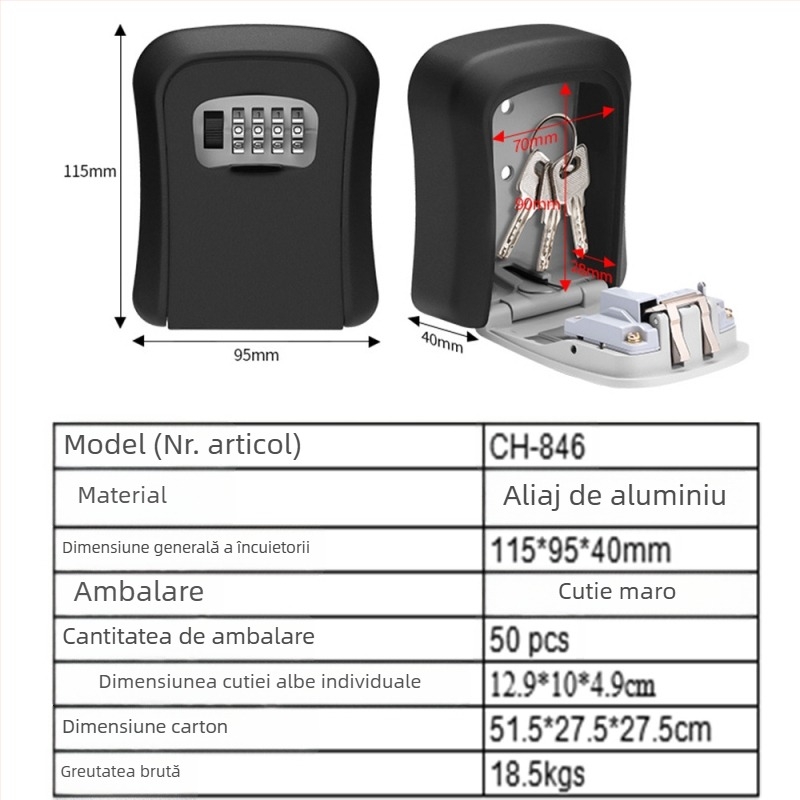 Cutie mecanică pentru chei din aliaj de aluminiu CH-846, pentru chei și carduri de cameră, destinată decorării de casă și proiectelor de construcție, pentru companii de decor și B&B, potrivită pentru locuințe, școli, depozite și șantiere