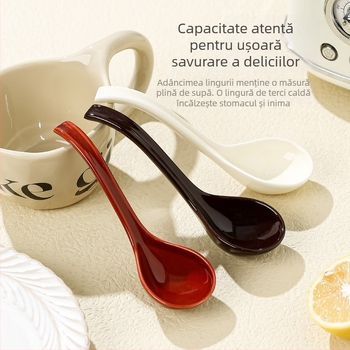 Lingură de supă ceramică, stil japonez, mâner lung, model floral, pentru uz casnic