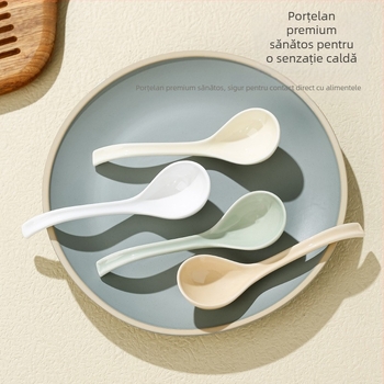 Lingură de supă ceramică, stil japonez, mâner lung, model floral, pentru uz casnic