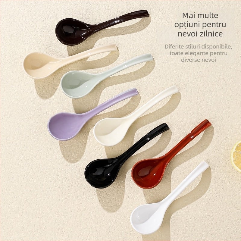 Lingură de supă ceramică, stil japonez, mâner lung, model floral, pentru uz casnic