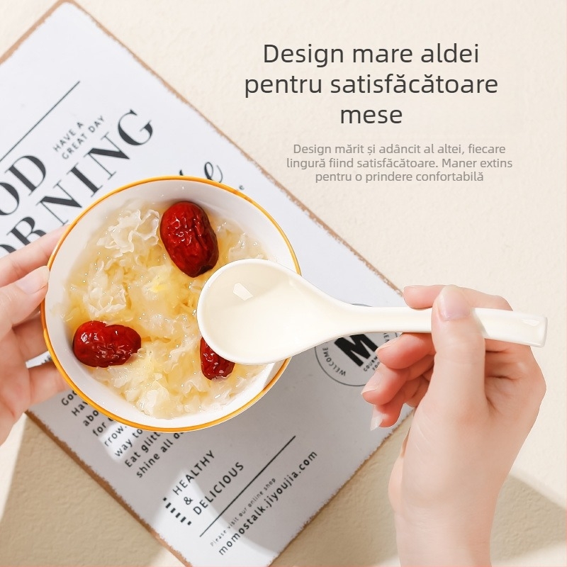 Lingură de supă ceramică, stil japonez, mâner lung, model floral, pentru uz casnic