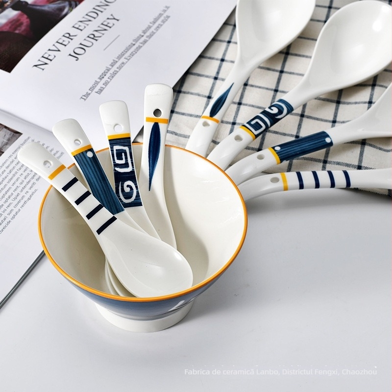 Lingură de supă ceramică Long Xiaoxuan, mâner lung – culoare solidă, pentru adulți