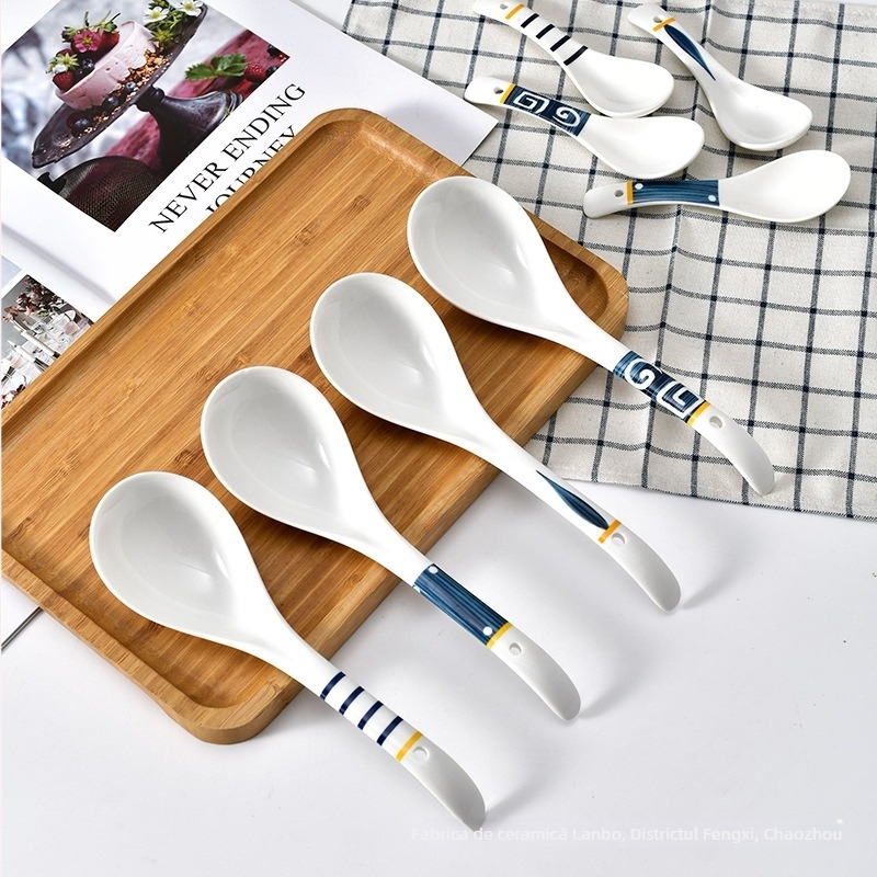 Lingură de supă ceramică Long Xiaoxuan, mâner lung – culoare solidă, pentru adulți
