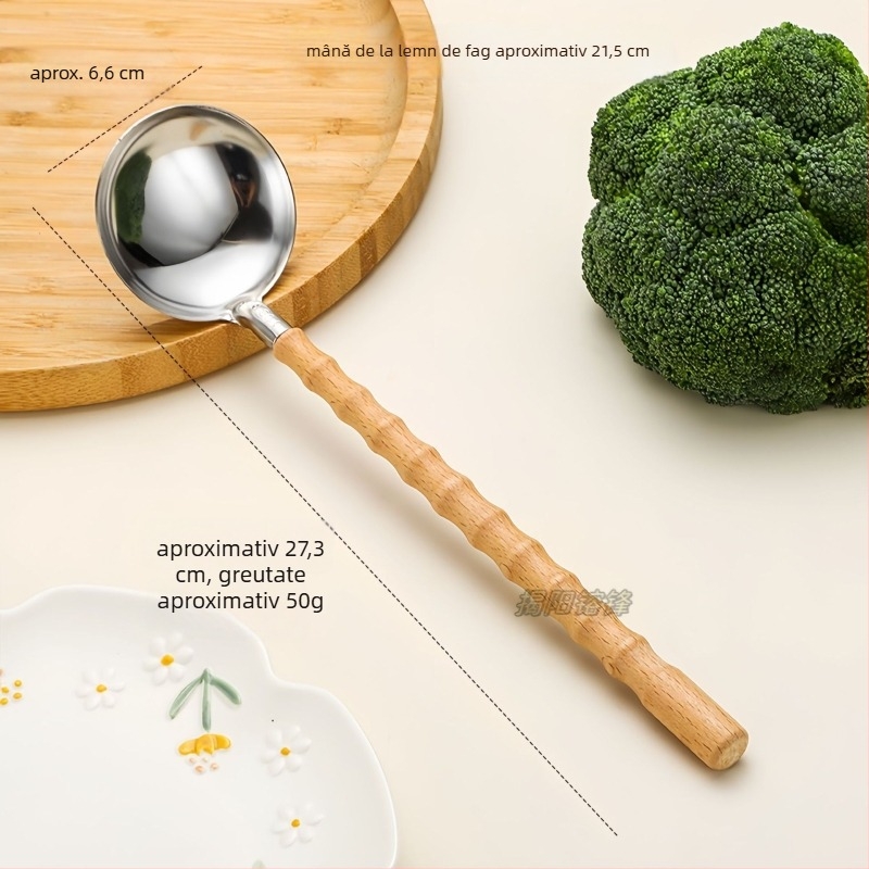 Lingură de bucătărie din oțel inoxidabil 304, mâner din fag, rezistență la temperaturi înalte, design modern minimalist, imprimare de logo disponibil.