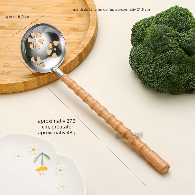 Lingură de bucătărie din oțel inoxidabil 304, mâner din fag, rezistență la temperaturi înalte, design modern minimalist, imprimare de logo disponibil.