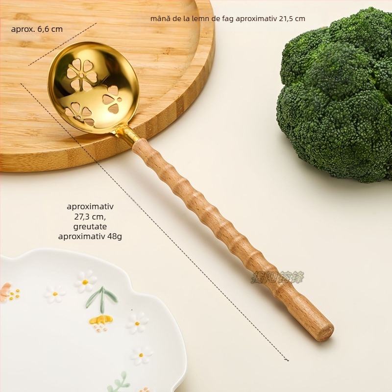 Lingură de bucătărie din oțel inoxidabil 304, mâner din fag, rezistență la temperaturi înalte, design modern minimalist, imprimare de logo disponibil.
