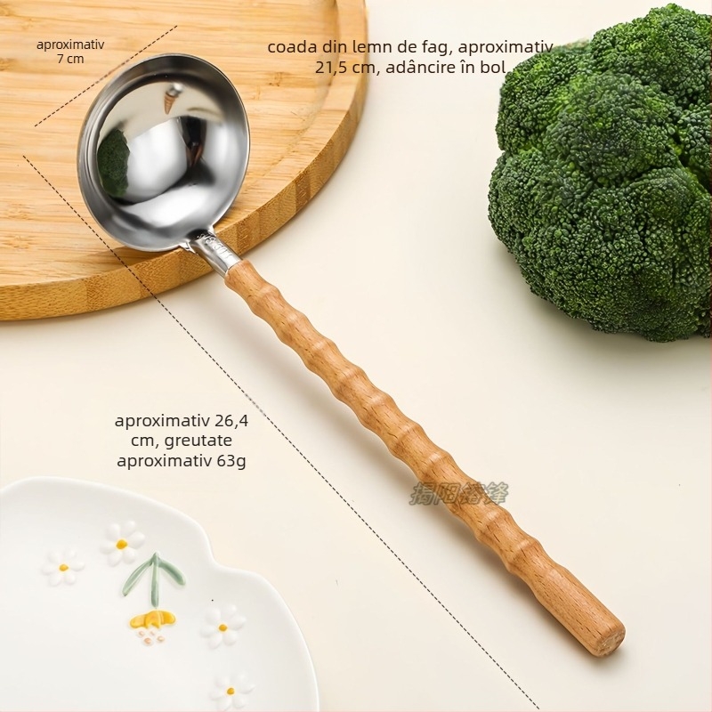 Lingură de bucătărie din oțel inoxidabil 304, mâner din fag, rezistență la temperaturi înalte, design modern minimalist, imprimare de logo disponibil.