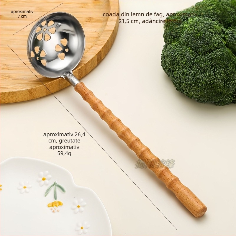 Lingură de bucătărie din oțel inoxidabil 304, mâner din fag, rezistență la temperaturi înalte, design modern minimalist, imprimare de logo disponibil.