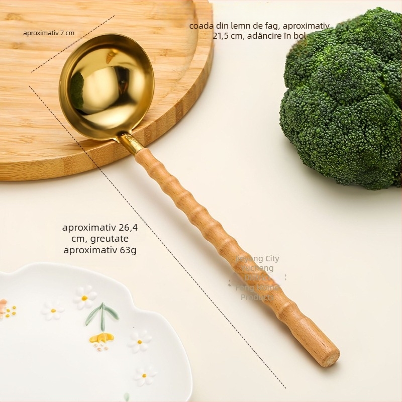 Lingură de bucătărie din oțel inoxidabil 304, mâner din fag, rezistență la temperaturi înalte, design modern minimalist, imprimare de logo disponibil.