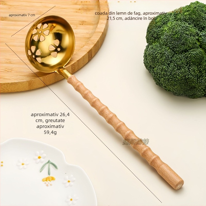 Lingură de bucătărie din oțel inoxidabil 304, mâner din fag, rezistență la temperaturi înalte, design modern minimalist, imprimare de logo disponibil.