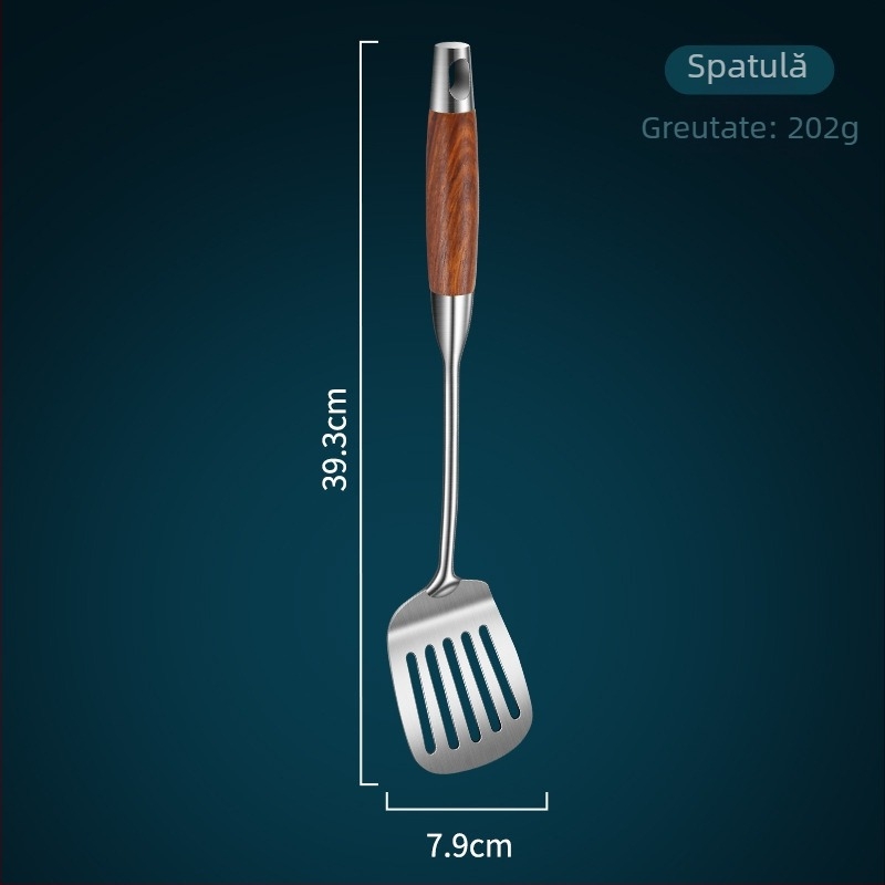 Set de ustensile din oțel inoxidabil 304, cu mâner din lemn de rosewood — spatulă, lingură de supă, lingură cu sită și lingură pentru prăjit ciuperci