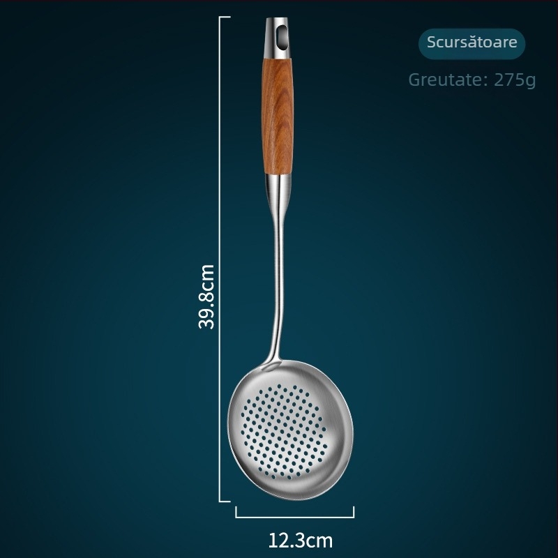 Set de ustensile din oțel inoxidabil 304, cu mâner din lemn de rosewood — spatulă, lingură de supă, lingură cu sită și lingură pentru prăjit ciuperci