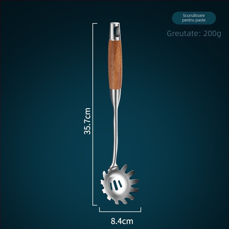 Set de ustensile din oțel inoxidabil 304, cu mâner din lemn de rosewood — spatulă, lingură de supă, lingură cu sită și lingură pentru prăjit ciuperci
