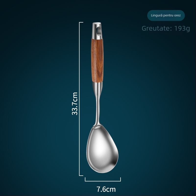 Set de ustensile din oțel inoxidabil 304, cu mâner din lemn de rosewood — spatulă, lingură de supă, lingură cu sită și lingură pentru prăjit ciuperci
