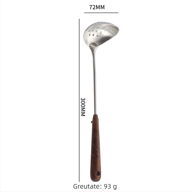 Set linguri pentru supă și strecurătoare, mâner din lemn de nuc, oțel inoxidabil 304, mâner antiderapant din silicon, rezistent la căldură