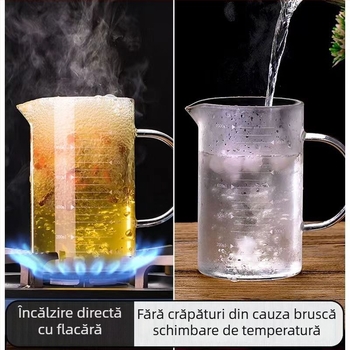 Pahar de măsurare din sticlă rezistent la temperaturi înalte, cu scară, capac și mâner