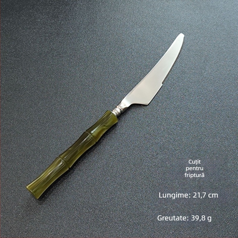 Set tacâmuri (cuțit, furculiță și lingură) – lucrat manual din oțel inoxidabil 304, design cu îmbinări de bambus, finisaj oglindit, stil chinez nou