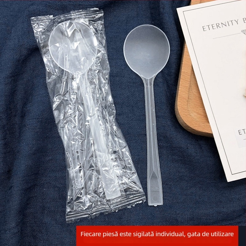 Lingură de plastic, unică folosință, cu mâner lung, cap rotund mare, ambalaj individual
