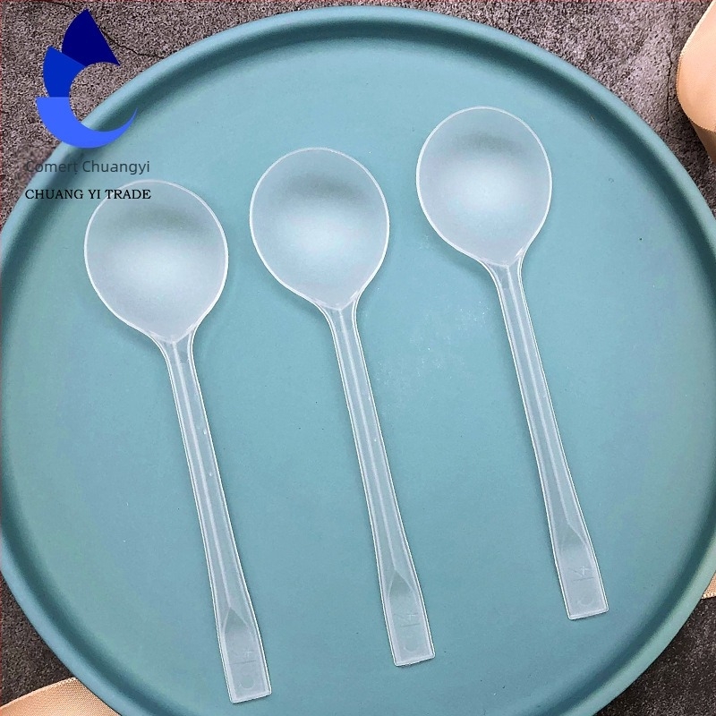 Lingură de plastic, unică folosință, cu mâner lung, cap rotund mare, ambalaj individual