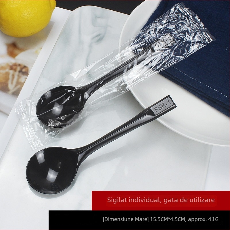Lingură de plastic, unică folosință, cu mâner lung, cap rotund mare, ambalaj individual