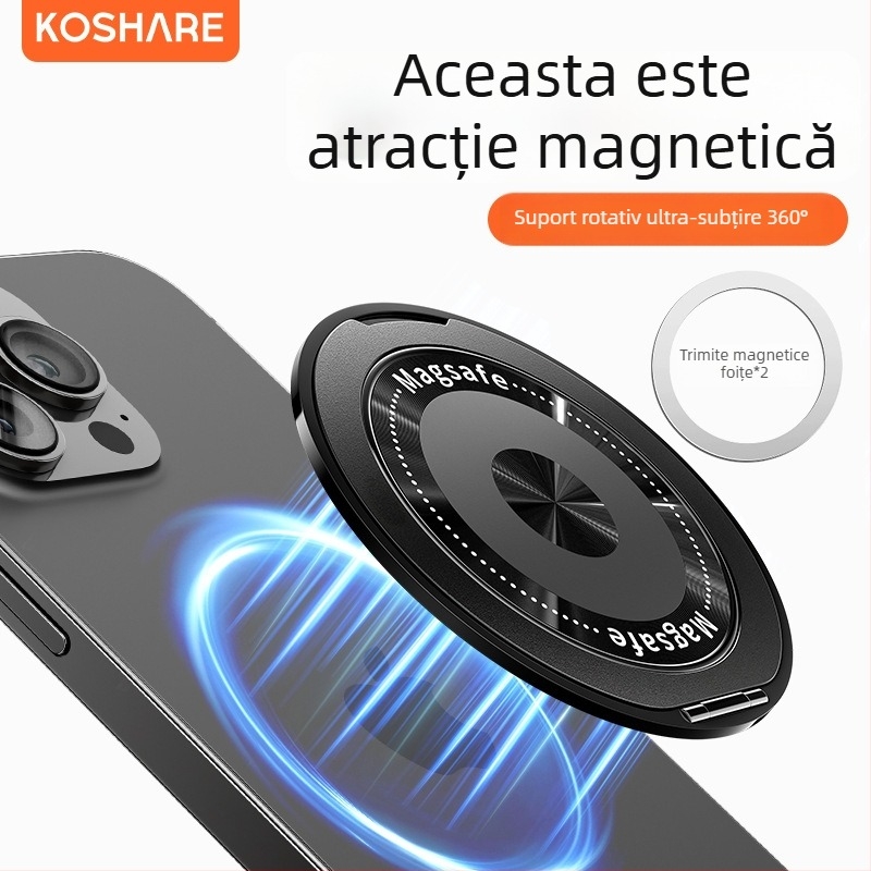 Suport pliabil pentru telefon cu inel magnetic și autocolant pe spate, compatibil cu Apple, Huawei și Xiaomi, metal + plastic, portabil