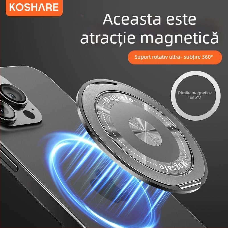 Suport pliabil pentru telefon cu inel magnetic și autocolant pe spate, compatibil cu Apple, Huawei și Xiaomi, metal + plastic, portabil