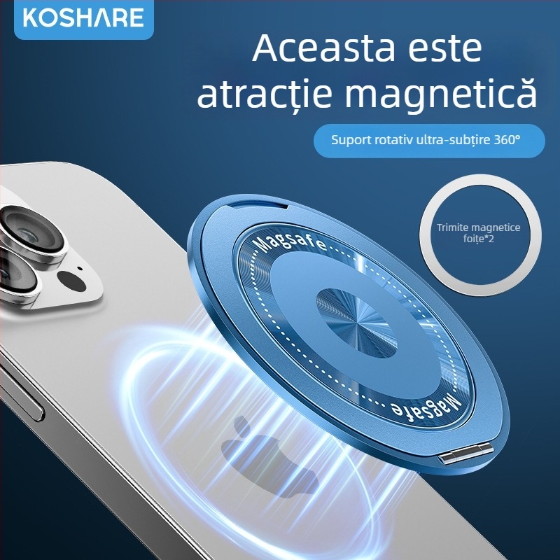 Suport pliabil pentru telefon cu inel magnetic și autocolant pe spate, compatibil cu Apple, Huawei și Xiaomi, metal + plastic, portabil