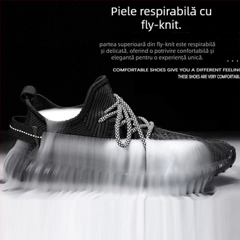 Pantofi bărbați Coconut – Încălțăminte sport din plasă respirabilă Fly-Knit, Ușoare, Cu șireturi, Vârf rotund, Talpă Turnată