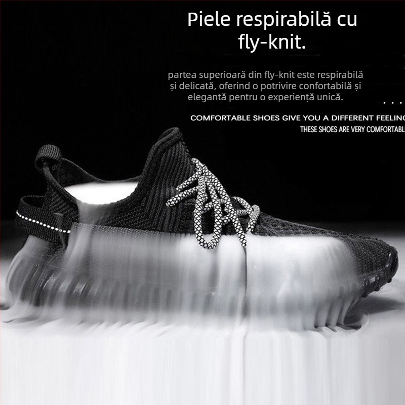 Pantofi bărbați Coconut – Încălțăminte sport din plasă respirabilă Fly-Knit, Ușoare, Cu șireturi, Vârf rotund, Talpă Turnată