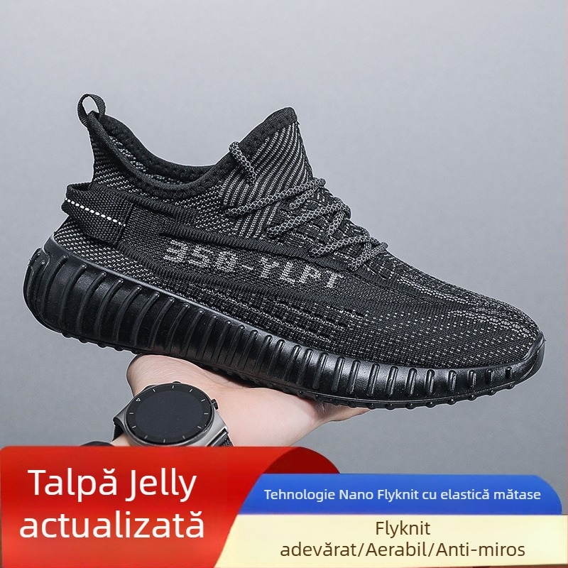 Pantofi bărbați Coconut – Încălțăminte sport din plasă respirabilă Fly-Knit, Ușoare, Cu șireturi, Vârf rotund, Talpă Turnată