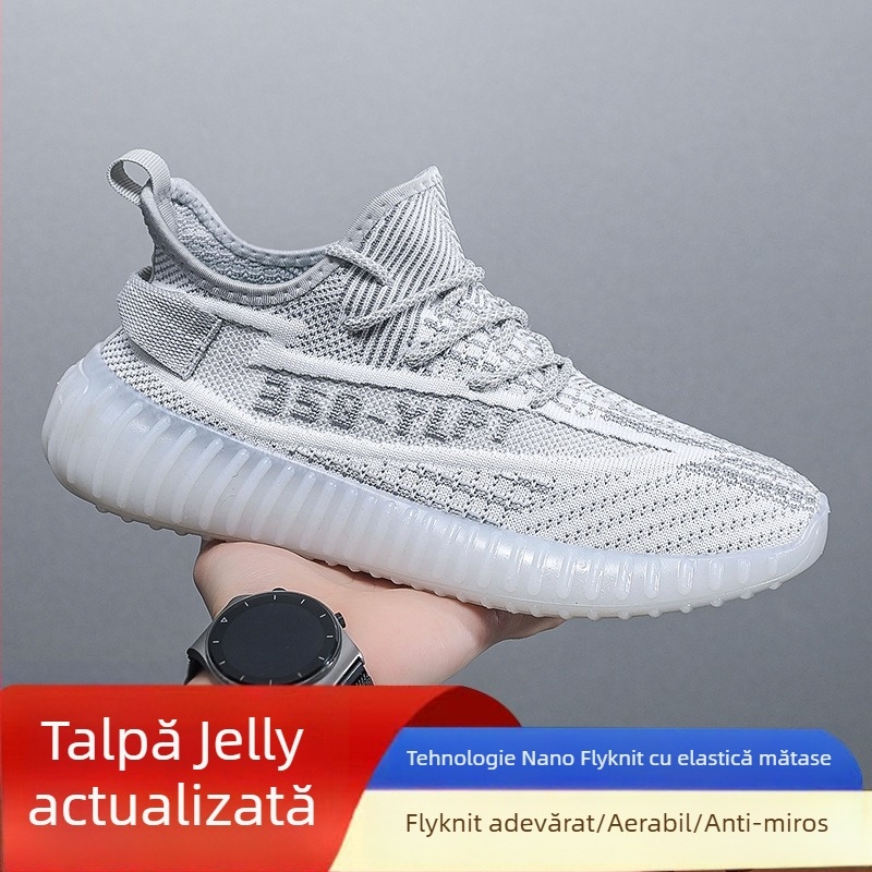 Pantofi bărbați Coconut – Încălțăminte sport din plasă respirabilă Fly-Knit, Ușoare, Cu șireturi, Vârf rotund, Talpă Turnată