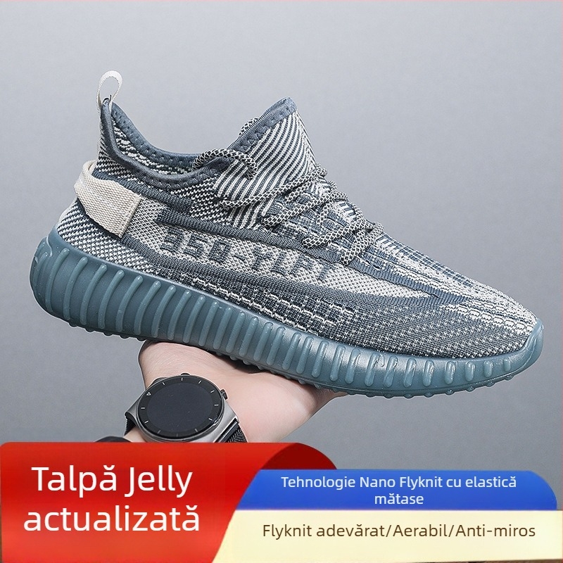 Pantofi bărbați Coconut – Încălțăminte sport din plasă respirabilă Fly-Knit, Ușoare, Cu șireturi, Vârf rotund, Talpă Turnată