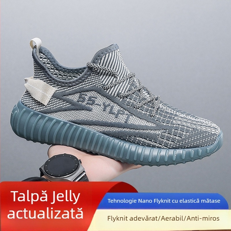 Pantofi bărbați Coconut – Încălțăminte sport din plasă respirabilă Fly-Knit, Ușoare, Cu șireturi, Vârf rotund, Talpă Turnată