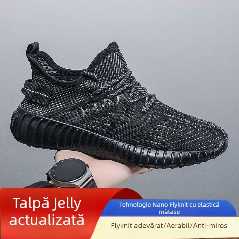 Pantofi bărbați Coconut – Încălțăminte sport din plasă respirabilă Fly-Knit, Ușoare, Cu șireturi, Vârf rotund, Talpă Turnată