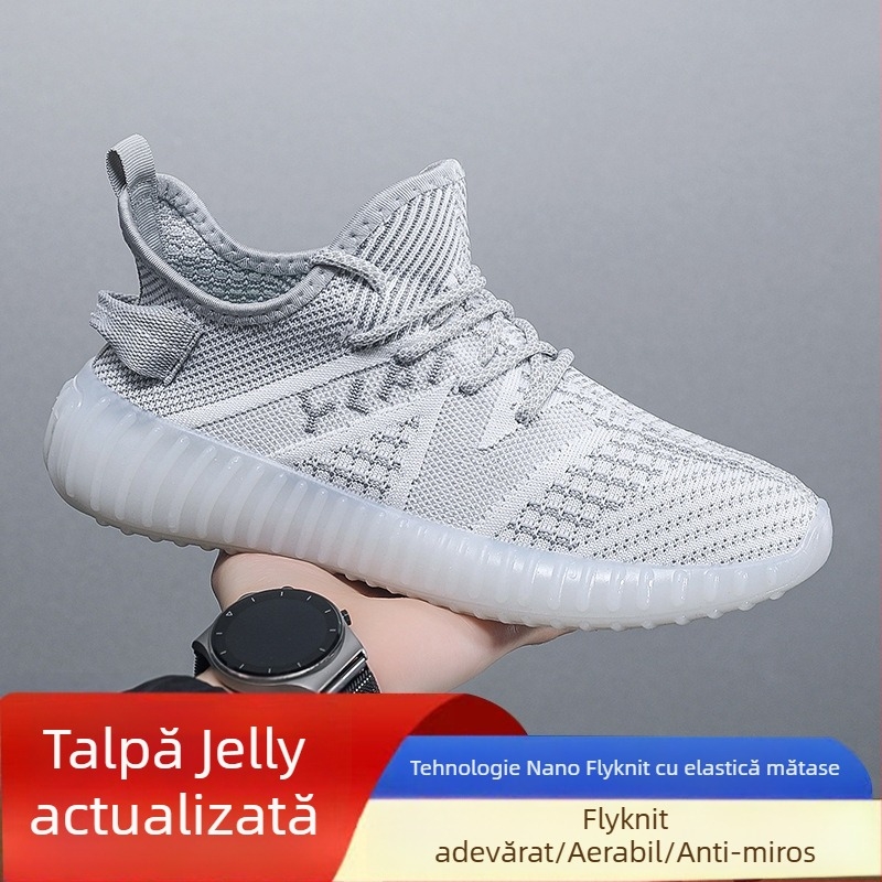 Pantofi bărbați Coconut – Încălțăminte sport din plasă respirabilă Fly-Knit, Ușoare, Cu șireturi, Vârf rotund, Talpă Turnată