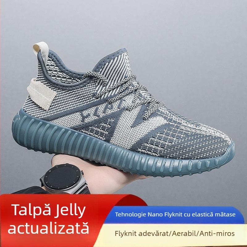 Pantofi bărbați Coconut – Încălțăminte sport din plasă respirabilă Fly-Knit, Ușoare, Cu șireturi, Vârf rotund, Talpă Turnată