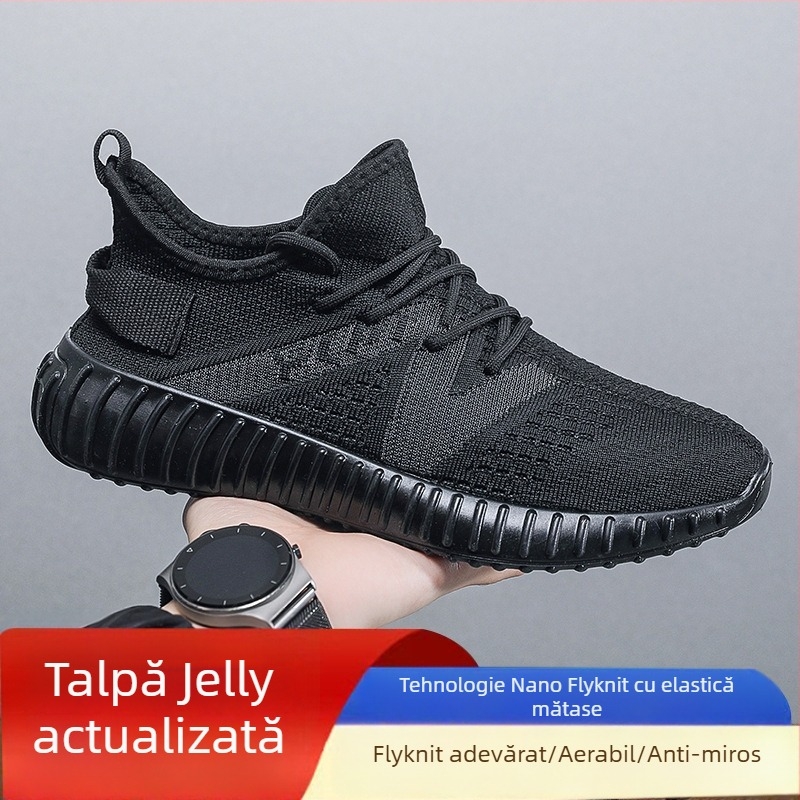 Pantofi bărbați Coconut – Încălțăminte sport din plasă respirabilă Fly-Knit, Ușoare, Cu șireturi, Vârf rotund, Talpă Turnată