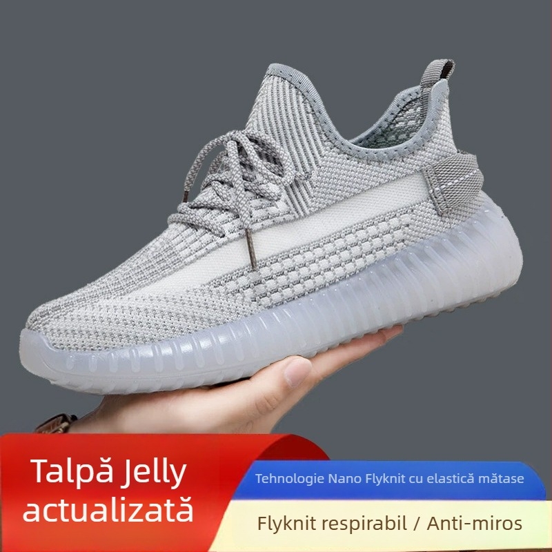 Pantofi bărbați Coconut – Încălțăminte sport din plasă respirabilă Fly-Knit, Ușoare, Cu șireturi, Vârf rotund, Talpă Turnată