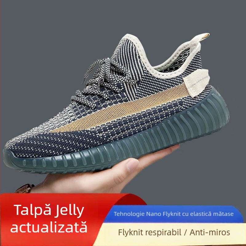 Pantofi bărbați Coconut – Încălțăminte sport din plasă respirabilă Fly-Knit, Ușoare, Cu șireturi, Vârf rotund, Talpă Turnată