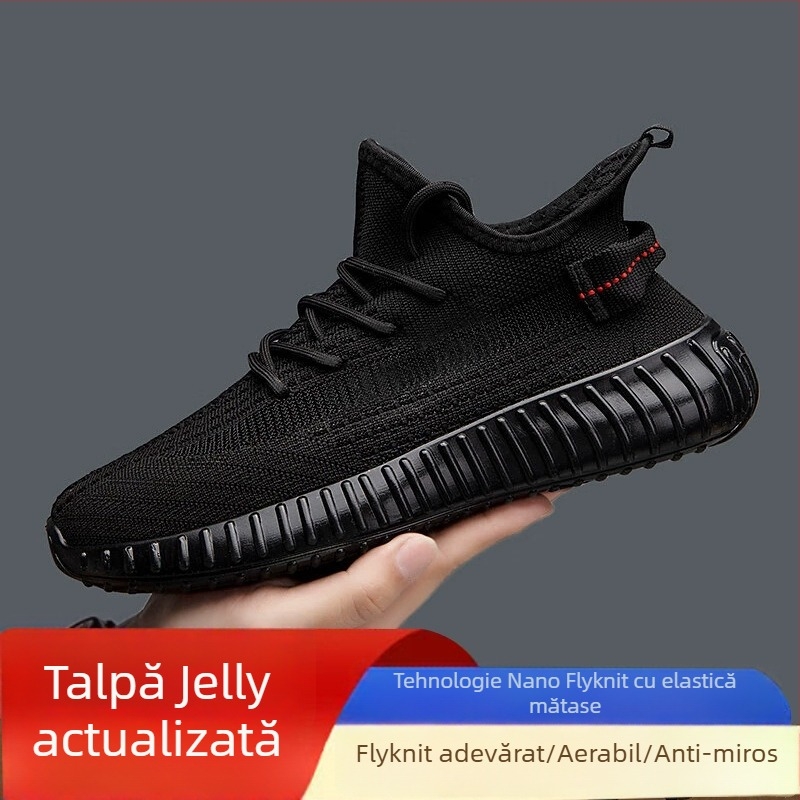 Pantofi bărbați Coconut – Încălțăminte sport din plasă respirabilă Fly-Knit, Ușoare, Cu șireturi, Vârf rotund, Talpă Turnată