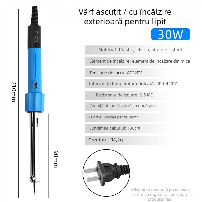 Pistol de lipit electric cu vârf de cupru, temperatură reglabilă 200–450°C, 220V, lungime 235 mm, putere 30–300W
