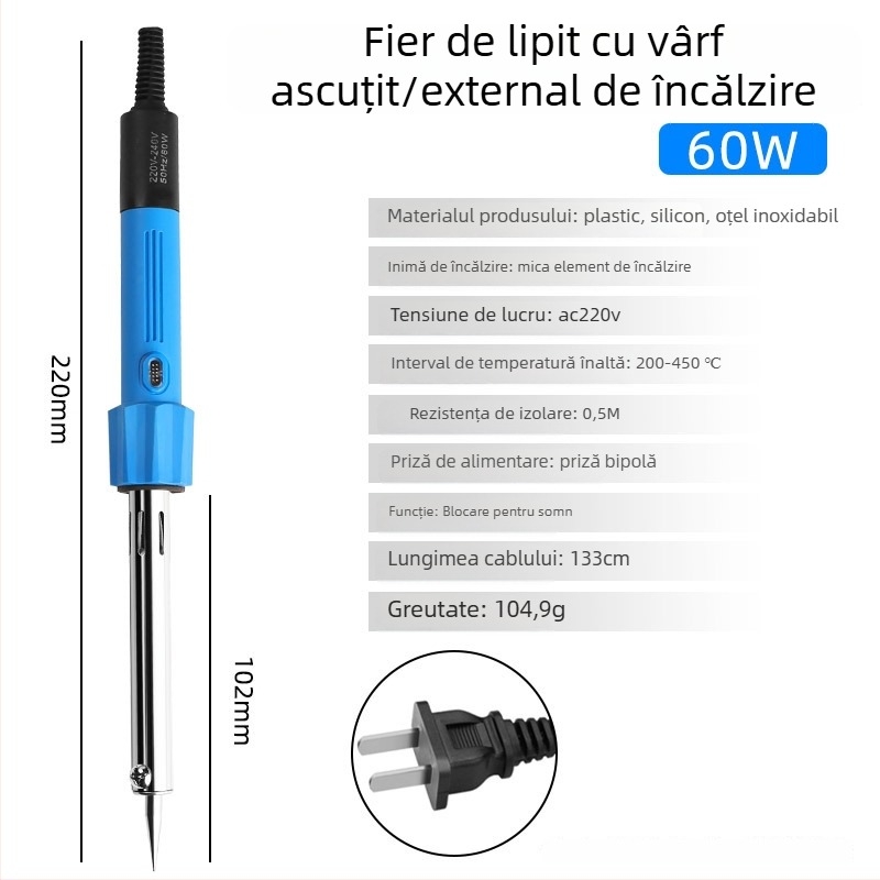 Pistol de lipit electric cu vârf de cupru, temperatură reglabilă 200–450°C, 220V, lungime 235 mm, putere 30–300W