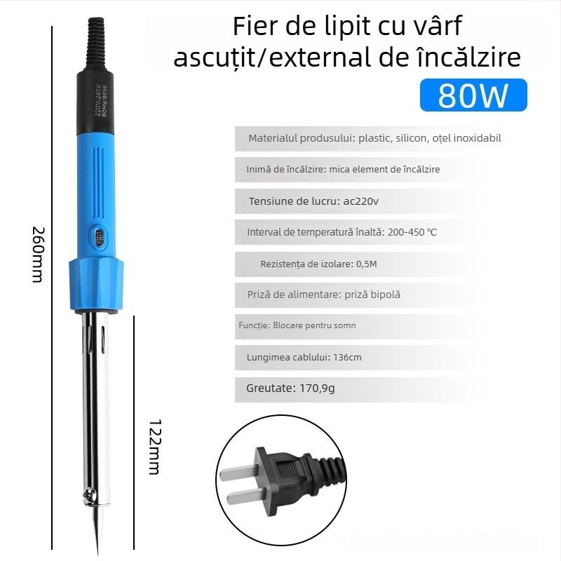Pistol de lipit electric cu vârf de cupru, temperatură reglabilă 200–450°C, 220V, lungime 235 mm, putere 30–300W