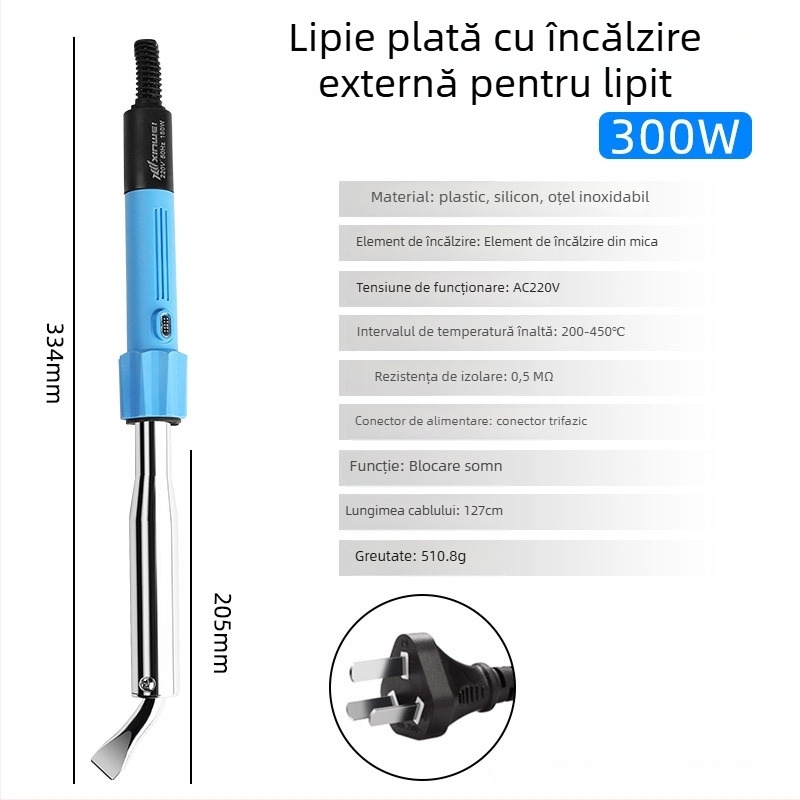 Pistol de lipit electric cu vârf de cupru, temperatură reglabilă 200–450°C, 220V, lungime 235 mm, putere 30–300W